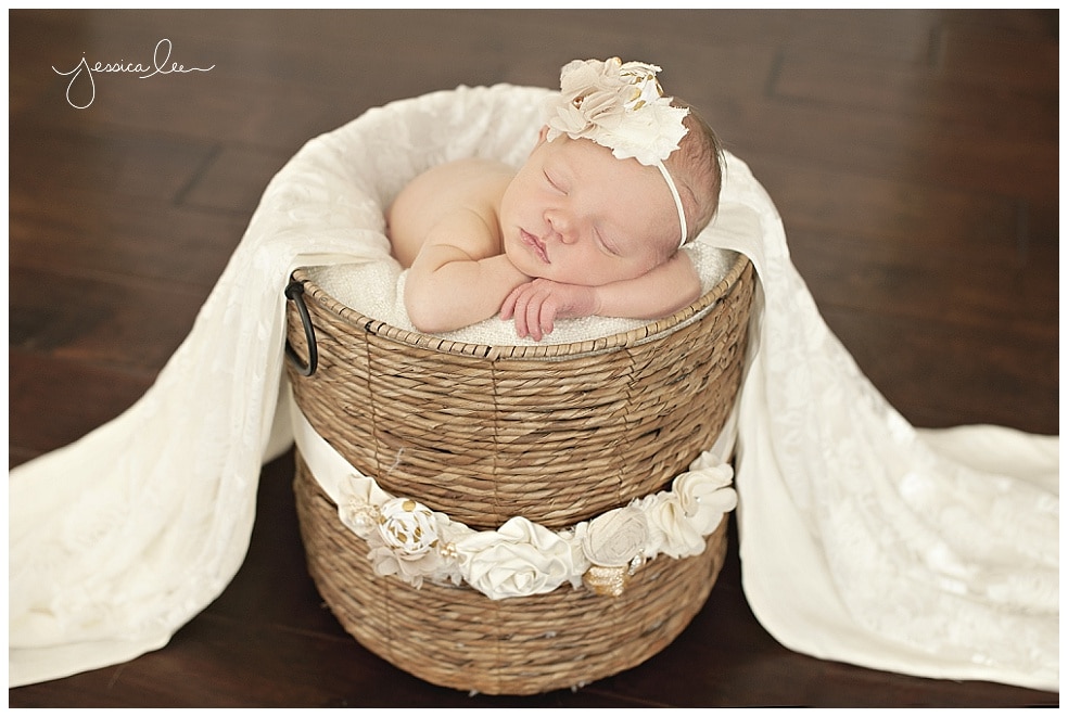Denver Newborn Photographer, baby in basket, gold feather boutique