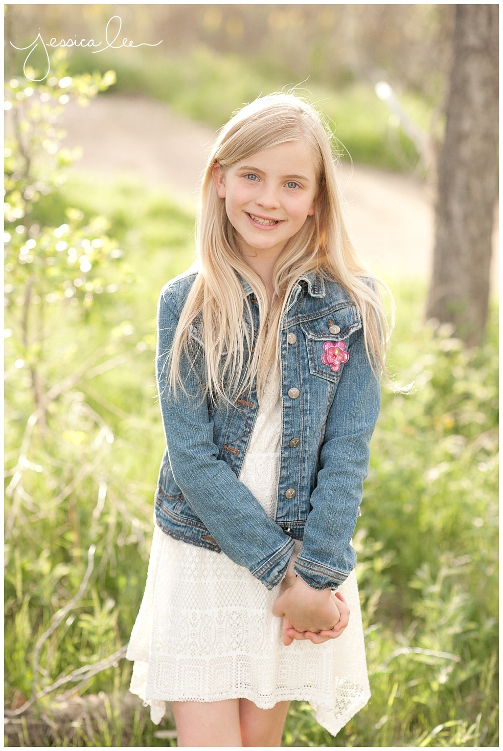Boulder Family Photographer, little girl in white dress with jean jacket