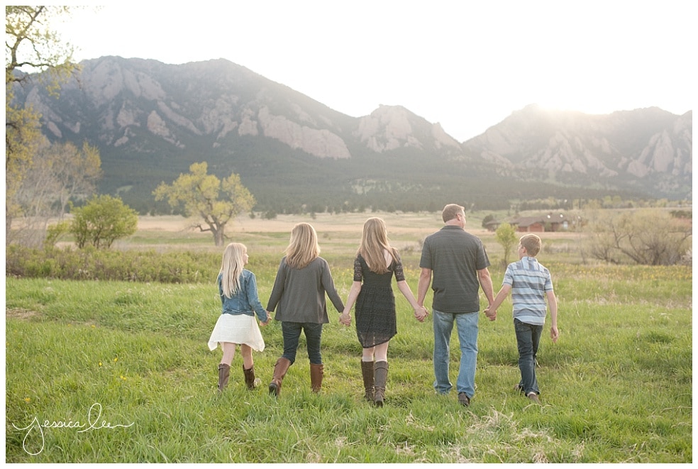 Boulder Family Photographer, family walking towards flatirons