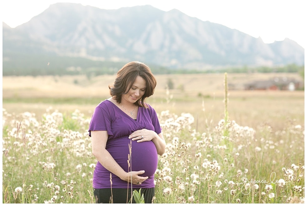 women in field of flowers with mountains in background, maternity photographer