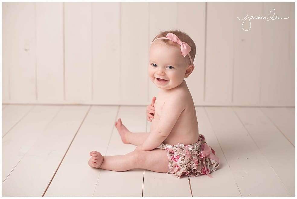 6 month old girl in pink ruffled bottom, Baby Photography Broomfield