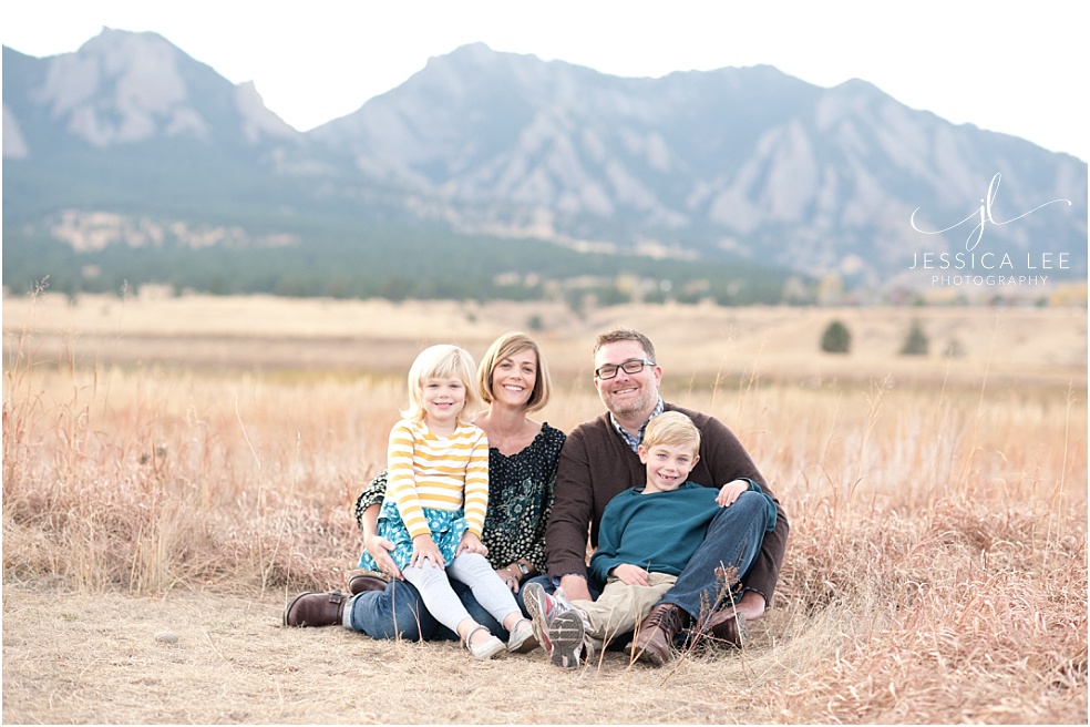 Louisville Family Photographer, four people in front of Boulder mountains
