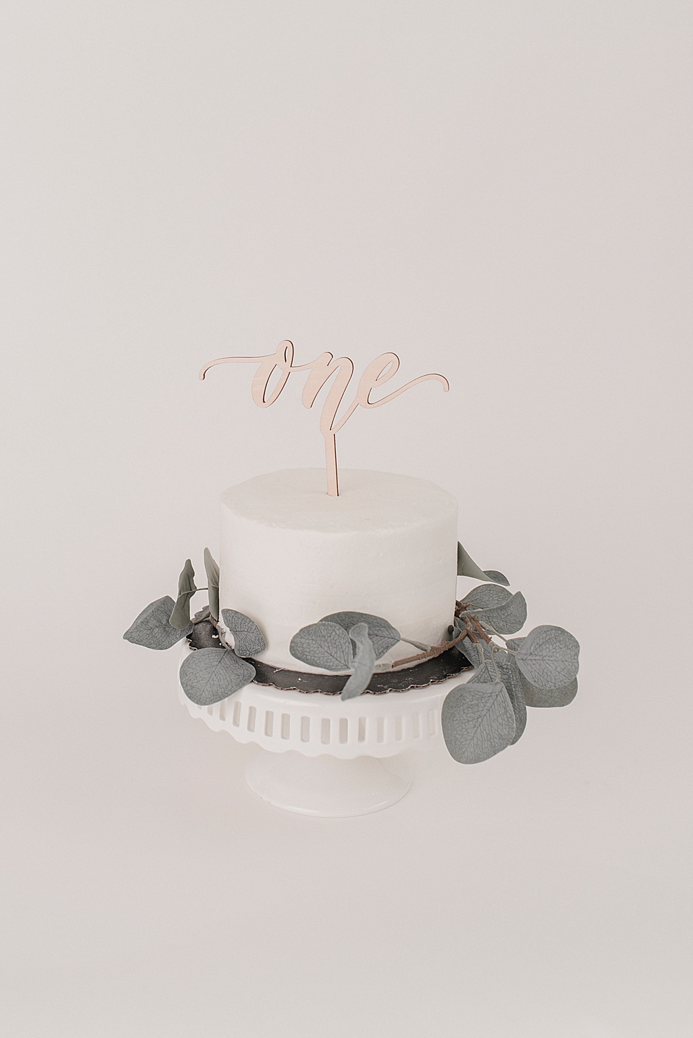 Tiny cake with eucalyptus and "one" sign | Photo by Huntsville Baby Photographer Jessica Lee 