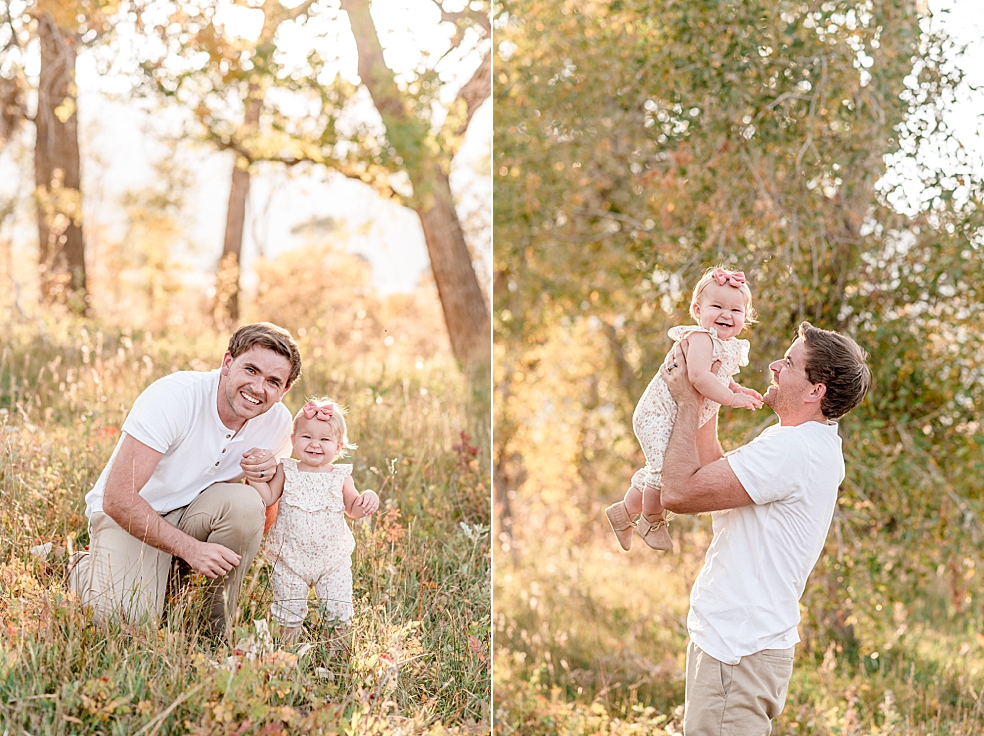 Dad in white shirt playing with toddler baby girl in a field | Photo by Jessica Lee Photography
