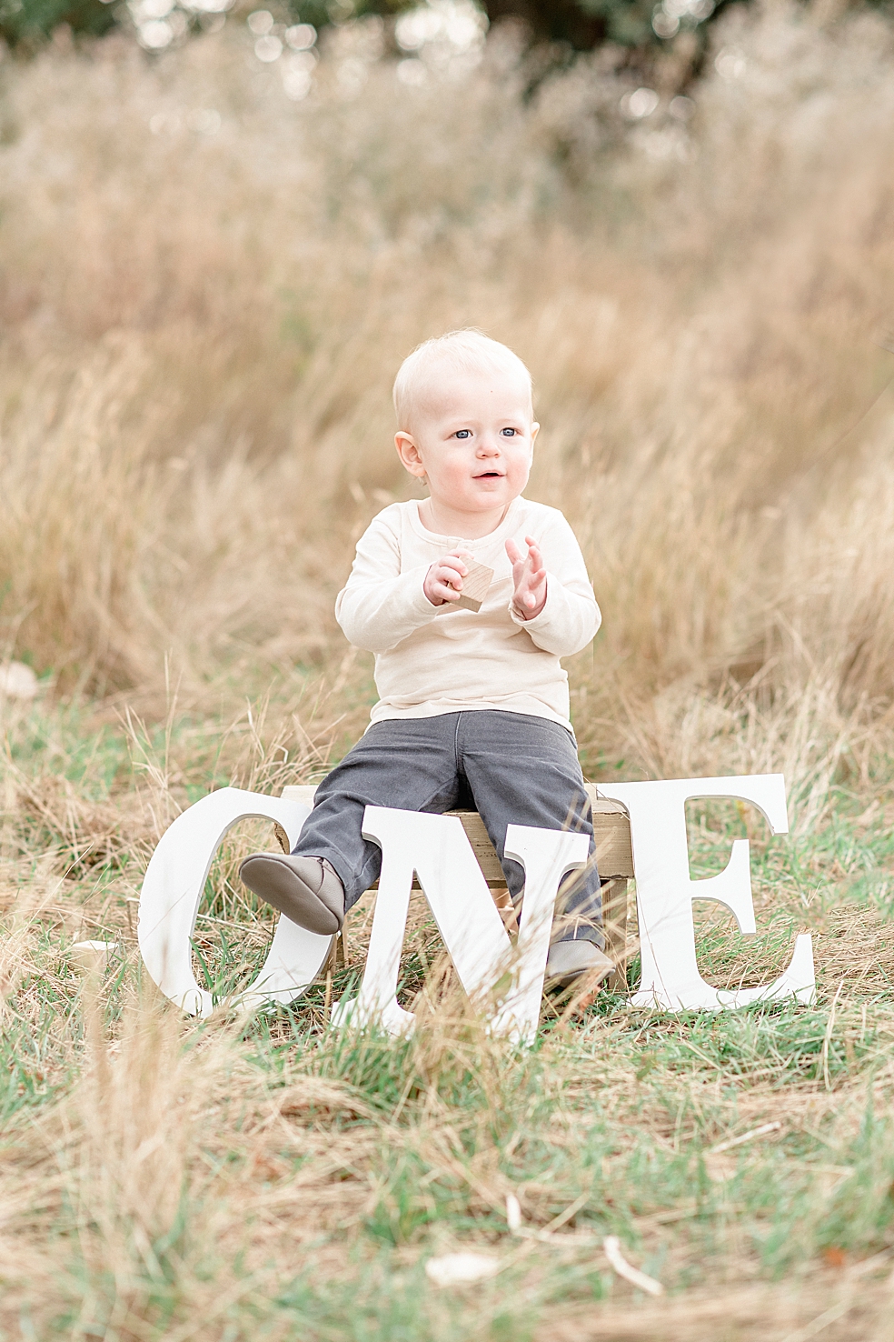 Baby boy sitting with letters spelling "one" | Photo by Jessica Lee Photography 