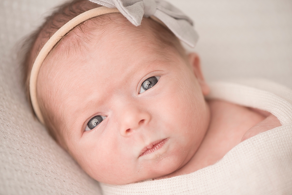 Baby girl with bow looking at the camera | Photo by Jessica Lee Photography 